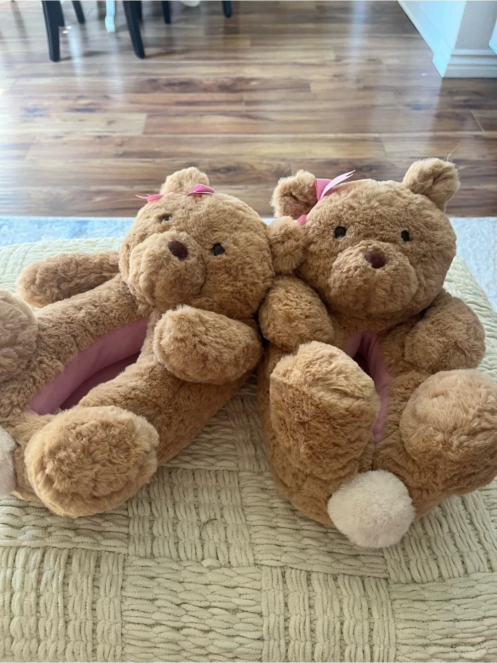 Brown Teddy Bear Plush Kids Slippers with Pink Bow - Soft Indoor Toy Shoes